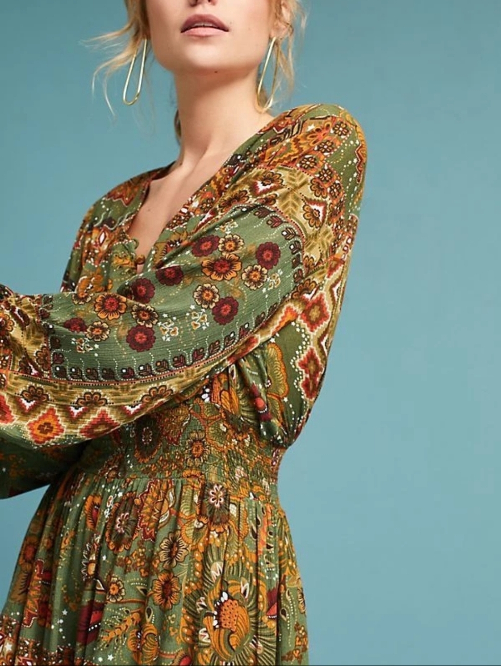FARM Rio Olive Green Paisley Midi Dress with Rust and Mustard Accents - Picture 2 of 11